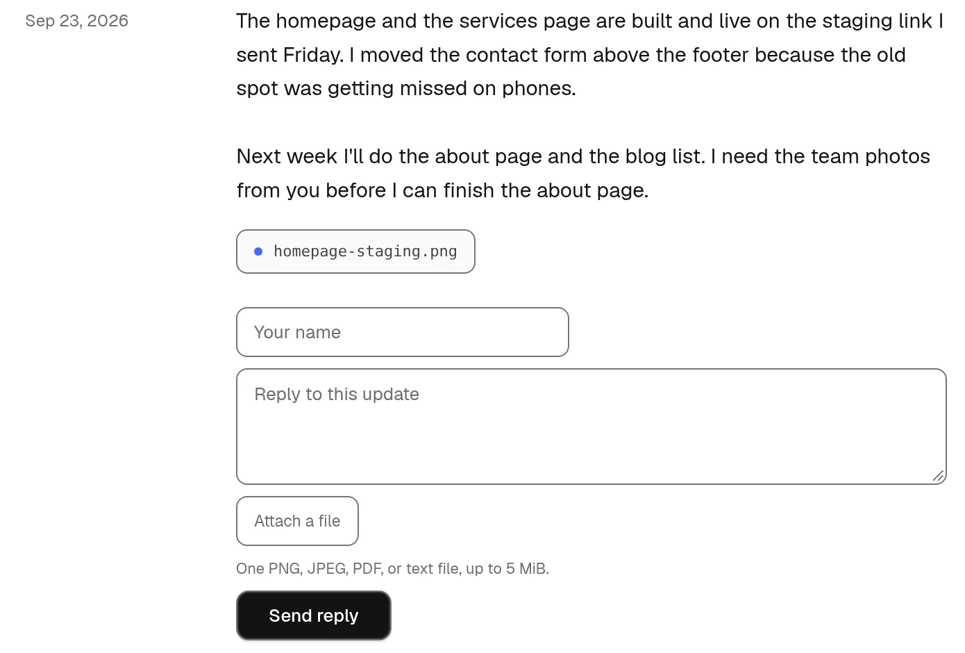 A dated Friday client update with its attachment and reply form directly below the text.