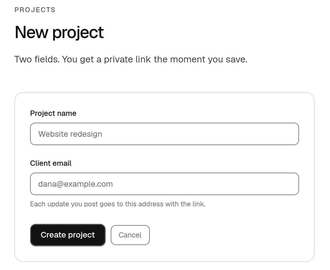 Friday's new project form with a project name and one client email field.